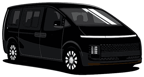 Van électrique noir avec bandeau lumineux, vu de trois quarts avant